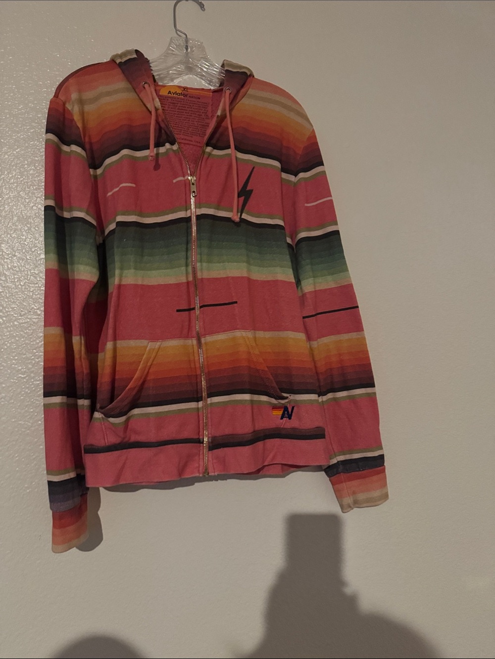 XL Aviator Nation Pink/Coral Multi-Stripe gold Zip Hoodie